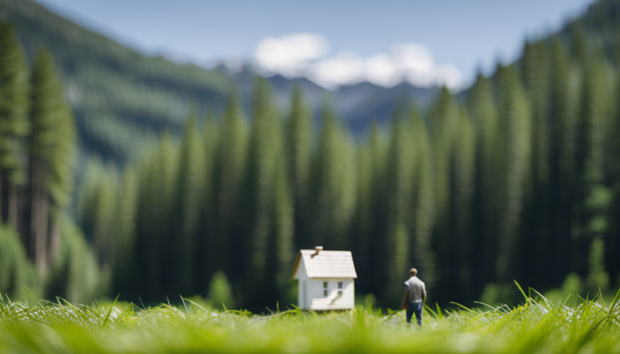 An image capturing the perspective of a person standing beside a charming tiny house, showcasing its compact size against a backdrop of towering trees and a vast expanse of untouched wilderness