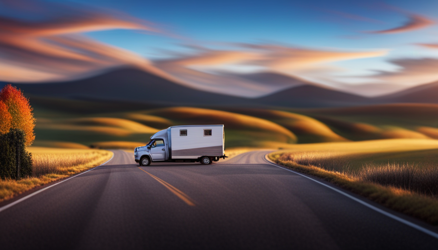 An image showcasing a sturdy truck with a hitched trailer, measuring approximately 25-30 feet in length, effortlessly towing a charmingly compact tiny house along a scenic countryside road