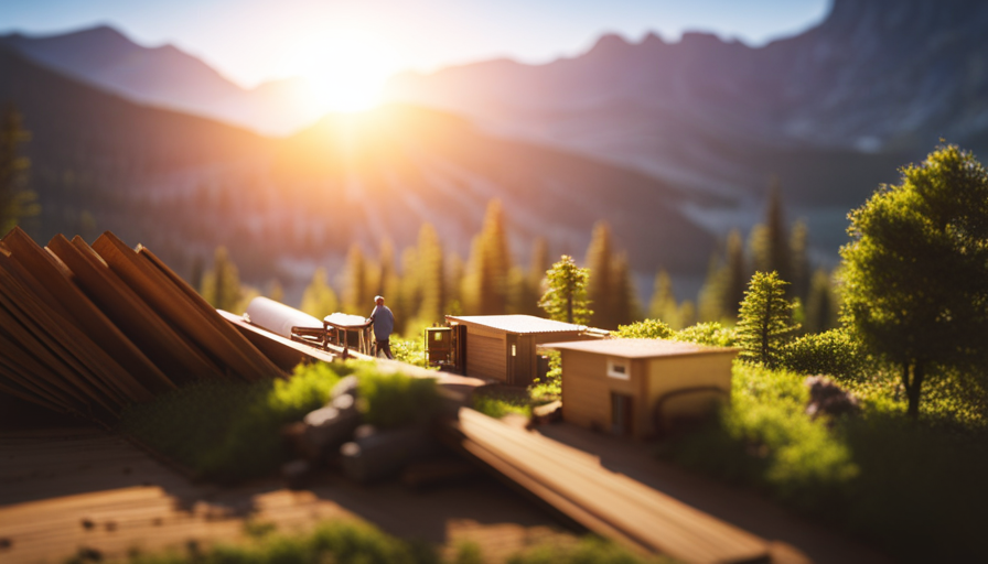 An image showcasing a picturesque landscape with a tiny house under construction, capturing the meticulous process
