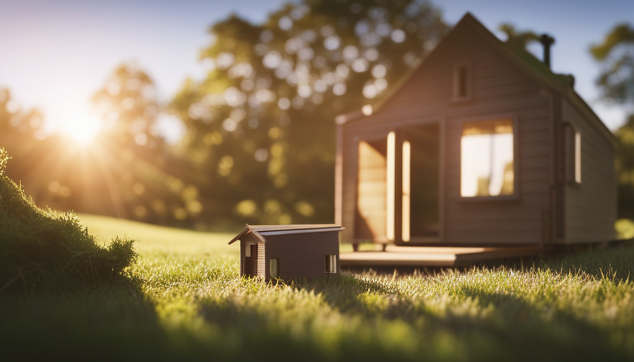 An image showcasing an idyllic countryside setting with a partially constructed tiny house
