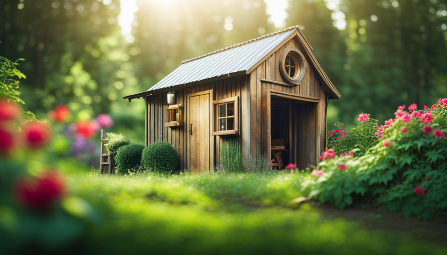 An image featuring a serene, rustic setting with a charming tiny house nestled among lush greenery