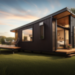 An image showcasing a spacious and charming tiny house, ingeniously constructed using multiple 40-foot shipping containers, seamlessly connected and transformed into a stylish home with large windows, a welcoming porch, and a flourishing rooftop garden