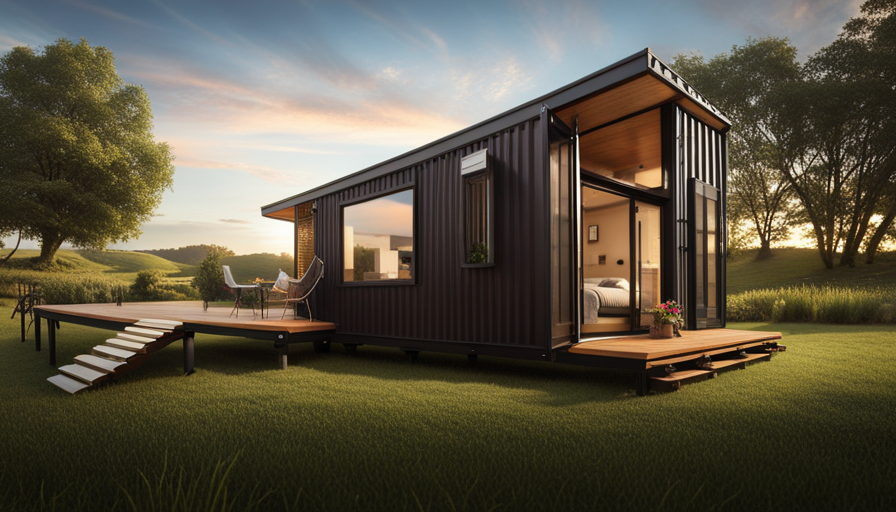 An image showcasing a spacious and charming tiny house, ingeniously constructed using multiple 40-foot shipping containers, seamlessly connected and transformed into a stylish home with large windows, a welcoming porch, and a flourishing rooftop garden