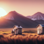 An image featuring a cozy, minimalist tiny house with solar panels on its roof, connected to a power inverter and a battery bank