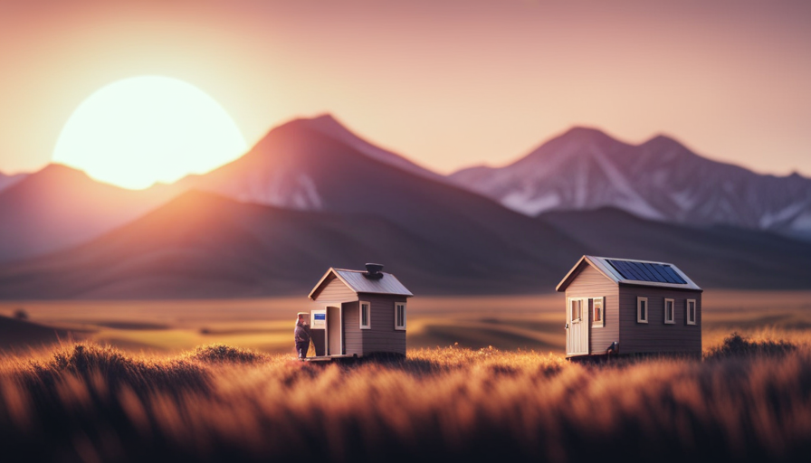 An image featuring a cozy, minimalist tiny house with solar panels on its roof, connected to a power inverter and a battery bank