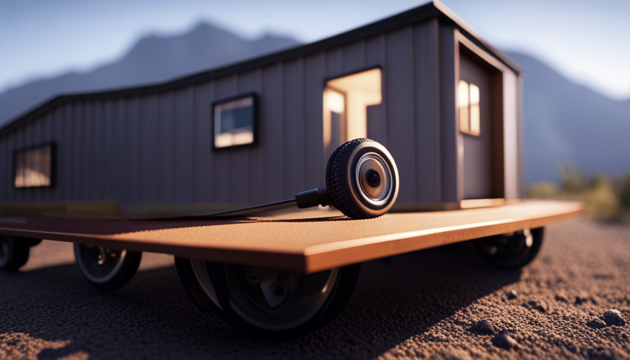 An image showcasing a close-up of a sturdy, customized tiny house, elevated on multiple axles, its sleek metallic wheels elegantly embedded in the foundation, embodying mobility, stability, and adaptability