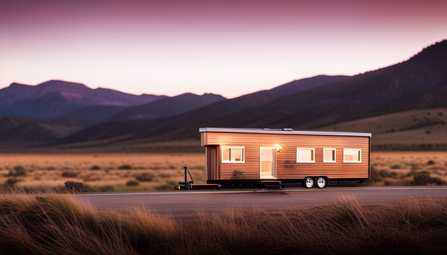 Create an image showcasing a beautifully designed, road-ready tiny house, elevated on sturdy, multi-axle wheels, perfectly balanced for effortless transportation