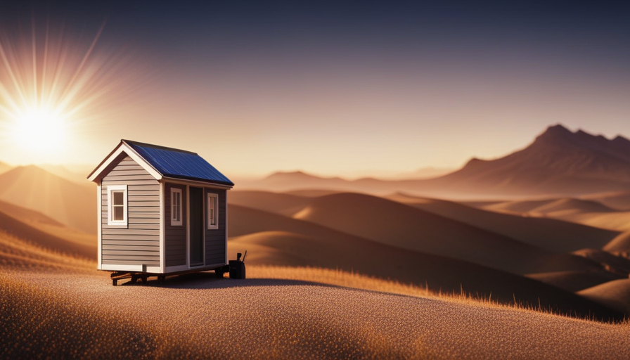 An image showcasing a compact tiny house, adorned with solar panels on its roof