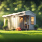 An image showcasing a serene, sunlit tiny house surrounded by lush greenery