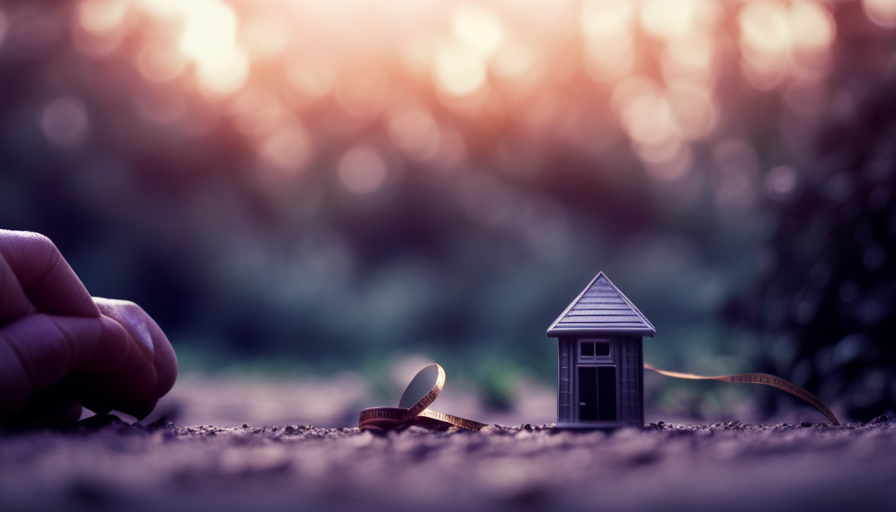 An image showcasing a small, cozy tiny house, nestled in nature, with a measuring tape stretched across its length, highlighting its compact size