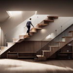 An image capturing the precise dimensions of tiny house stairs, showcasing their width in relation to a human figure, highlighting intricate details such as handrails, steps, and overall design