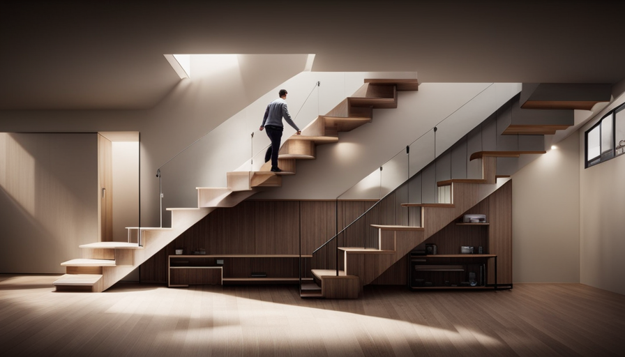 An image capturing the precise dimensions of tiny house stairs, showcasing their width in relation to a human figure, highlighting intricate details such as handrails, steps, and overall design
