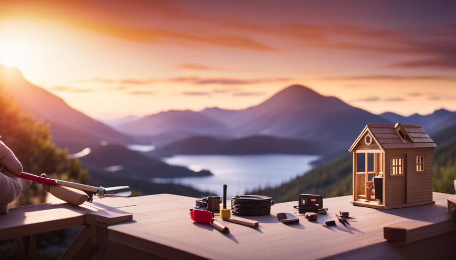 An image showcasing a sunlit, tranquil landscape with a picturesque tiny house construction site