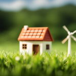 An image depicting a serene countryside setting with a charming, pint-sized house adorned with solar panels on its roof, surrounded by lush greenery, while a small wind turbine gracefully spins nearby