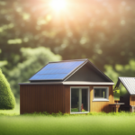 An image showcasing a small, cozy tiny house with solar panels on its roof, surrounded by lush greenery