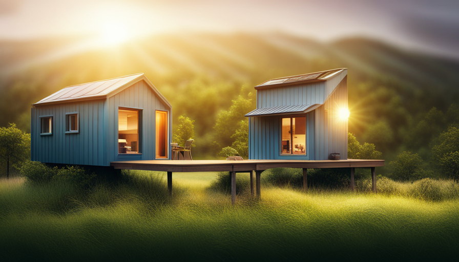 An image showcasing a cozy tiny house nestled in nature, with a solar panel array on its roof, indicating its energy efficiency