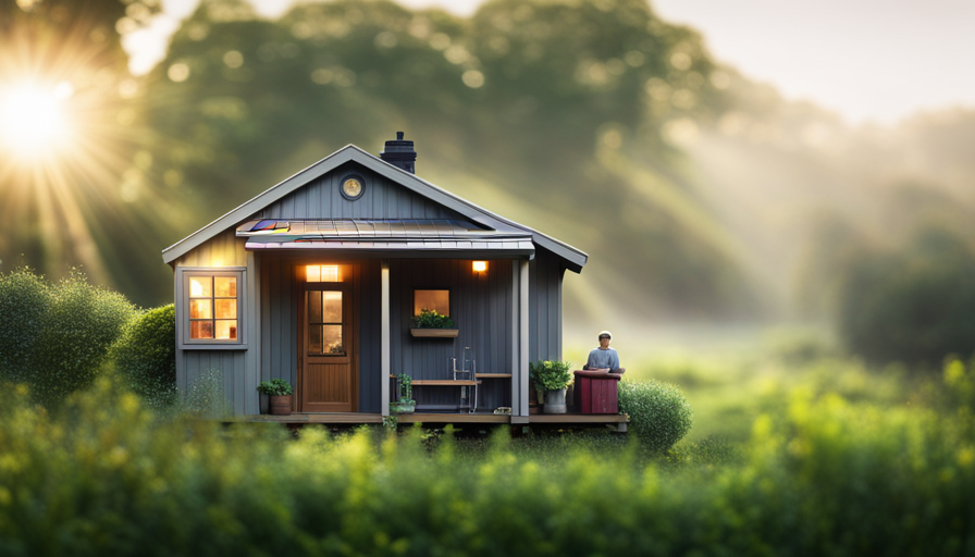 An image showcasing a charming tiny house nestled amidst lush greenery, with a solar panel installation on its roof and a power meter nearby, emphasizing the question: "How many kW does a tiny house need?" --v 5