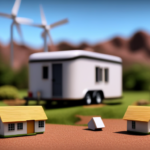 An image showcasing a minimalist tiny house, equipped with solar panels on the roof, an energy-efficient refrigerator, LED lights, and a small wind turbine, all highlighting the low energy consumption of such dwellings