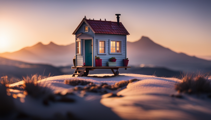 An image showcasing a diminutive, charming tiny house sitting atop a sturdy weighing scale