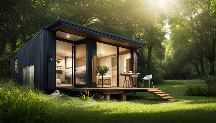 An image showcasing the exterior of a charming, eco-friendly tiny house nestled amidst lush greenery