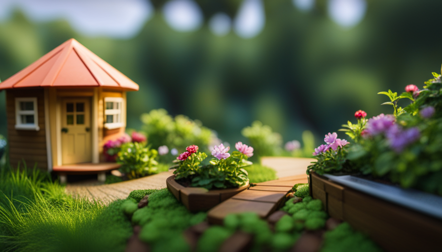 An image showcasing a serene, picturesque landscape with a charming, fully furnished tiny house amidst lush greenery, incorporating intricate details like solar panels, a rainwater harvesting system, and a cozy patio with fairy lights
