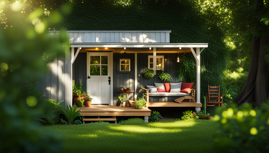 An image showcasing a cozy 2-bedroom tiny house, nestled among lush greenery, with an inviting porch adorned with potted plants