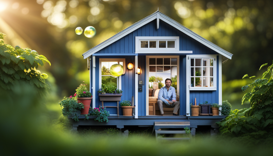 Create an image showcasing a cozy, pint-sized dwelling nestled amidst lush greenery, with a quaint porch adorned by potted plants
