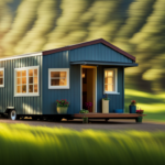 An image showcasing a serene, picturesque landscape with a charming, fully-furnished tiny house on wheels nestled amongst tall trees, with sunlight streaming through the large windows, providing a glimpse into the cozy interior