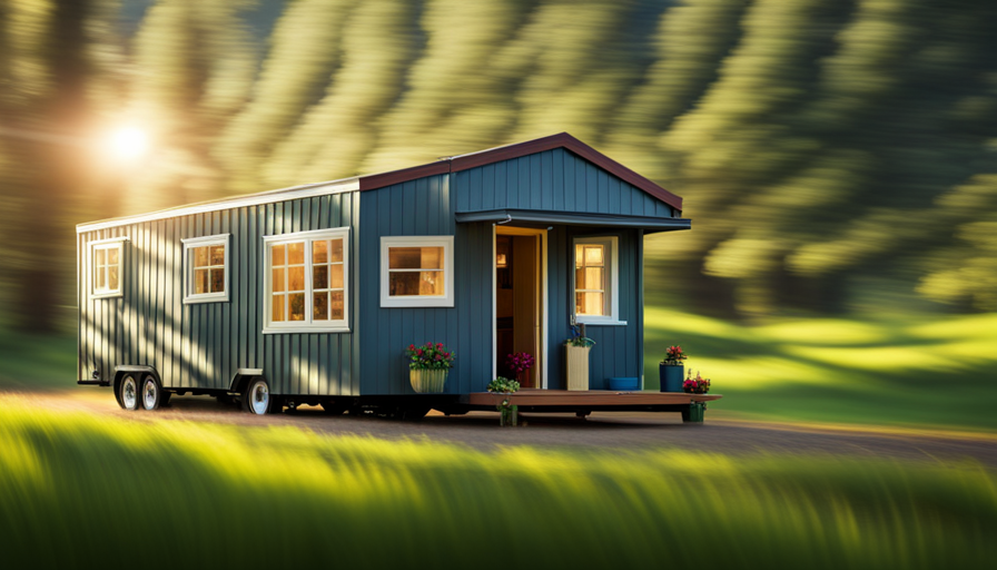 An image showcasing a serene, picturesque landscape with a charming, fully-furnished tiny house on wheels nestled amongst tall trees, with sunlight streaming through the large windows, providing a glimpse into the cozy interior