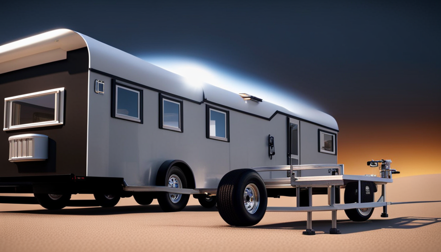 An image showcasing a custom-built tiny house trailer, capturing its sturdy steel frame, durable tires, and adjustable hitch, highlighting the intricate welding and the trailer's dimensions, conveying the essence of its cost and value