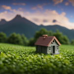 An image showcasing a cozy, minimalist tiny house nestled in a serene natural setting, surrounded by lush greenery and a backdrop of majestic mountains, evoking a sense of affordable tranquility