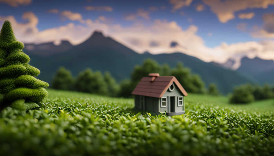 An image showcasing a cozy, minimalist tiny house nestled in a serene natural setting, surrounded by lush greenery and a backdrop of majestic mountains, evoking a sense of affordable tranquility