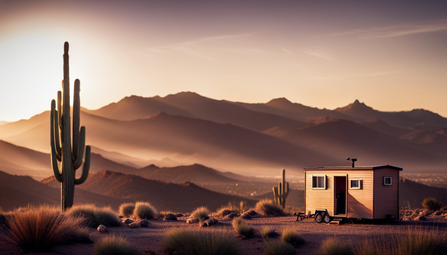 An image showcasing the picturesque Arizona desert landscape with a fully constructed and beautifully designed tiny house nestled among saguaro cacti, capturing the essence of affordability and sustainability in its architecture