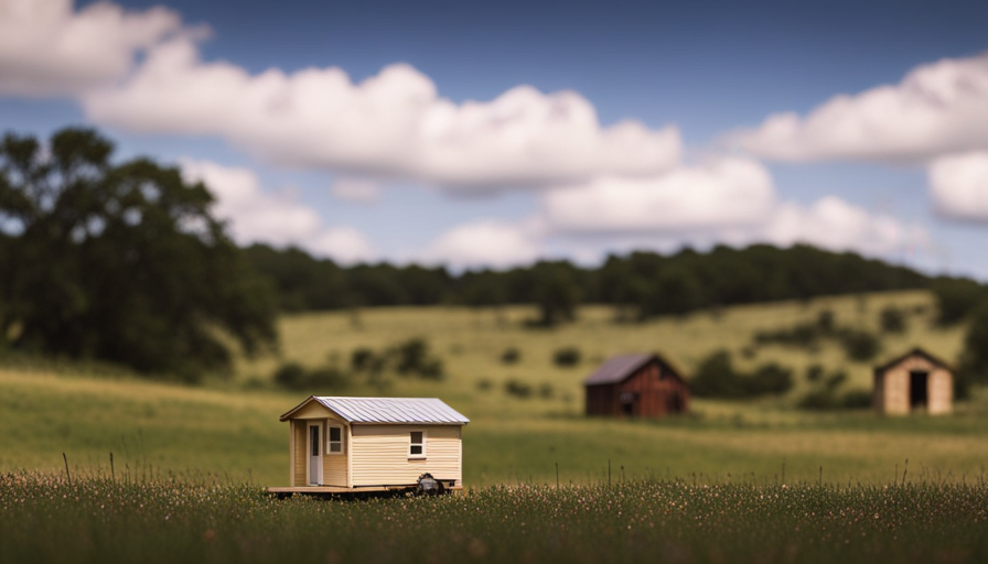 An image showcasing a rustic, minimalist tiny house nestled in the scenic Texas Hill Country