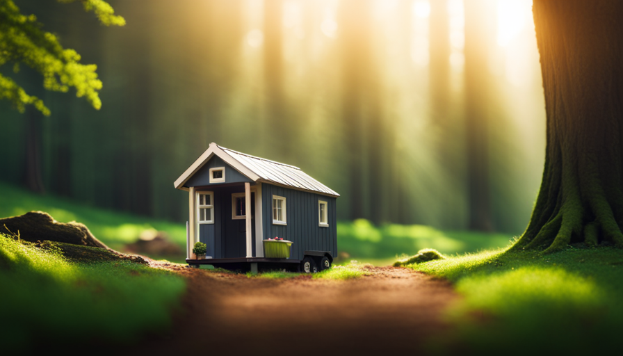 An image depicting a serene natural landscape with a small, beautifully crafted and eco-friendly tiny house nestled amongst towering trees, showcasing its efficient design and inviting ambiance