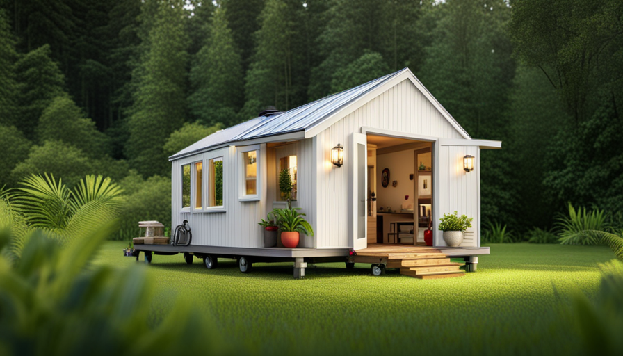 An image showcasing a cozy, minimalist, and energy-efficient tiny house nestled amidst lush greenery