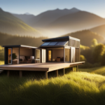 An image showcasing a picturesque tiny house nestled in nature, adorned with solar panels, a rainwater collection system, and a cozy outdoor living area, highlighting the sustainable and cost-effective aspects of owning a tiny house