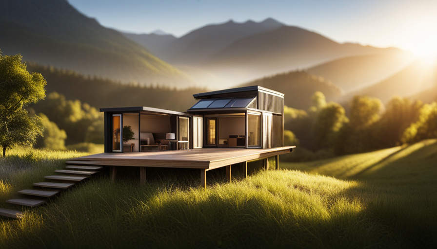 An image showcasing a picturesque tiny house nestled in nature, adorned with solar panels, a rainwater collection system, and a cozy outdoor living area, highlighting the sustainable and cost-effective aspects of owning a tiny house