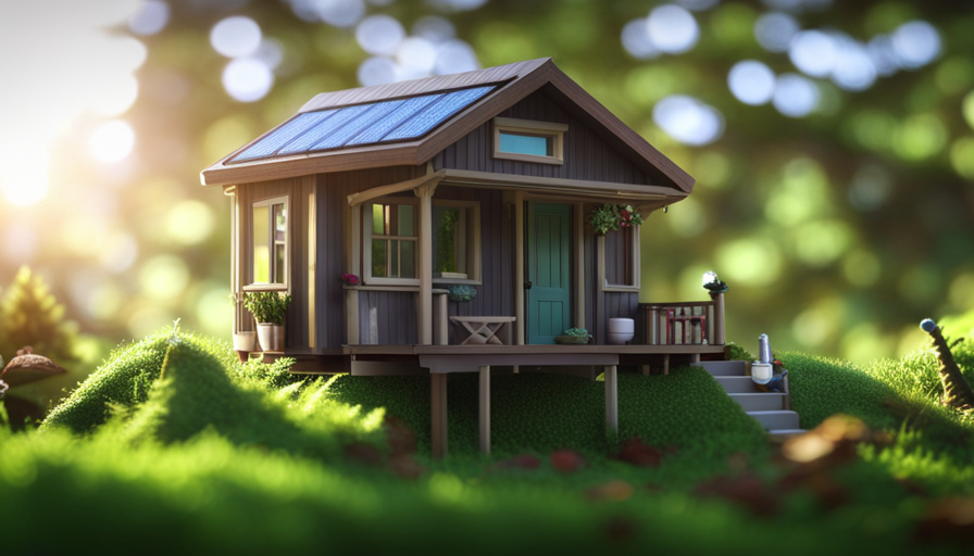 An image showcasing a cozy, minimalist tiny house nestled in a lush forest setting