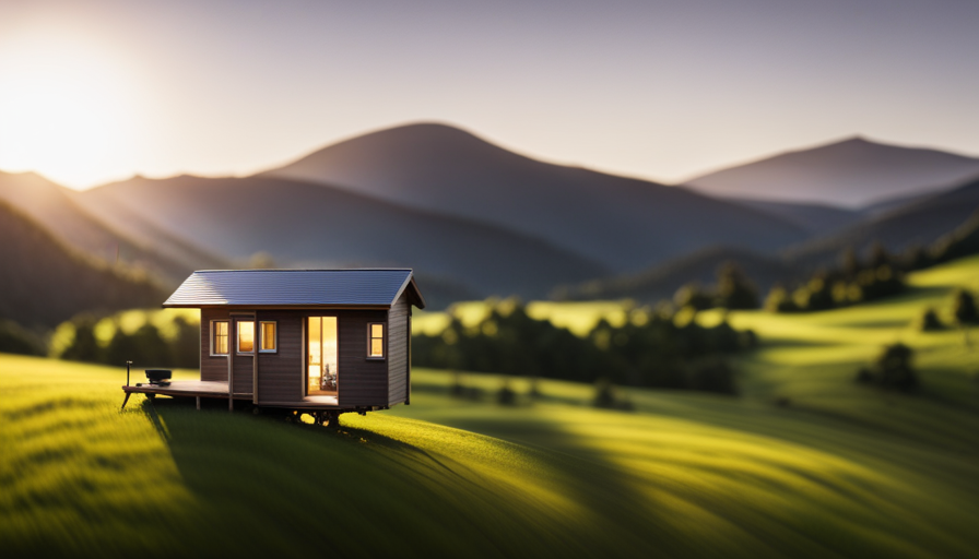 An image showcasing an inviting tiny house amidst a picturesque landscape, adorned with solar panels and a cozy porch, emphasizing its cost-effectiveness by featuring a price tag subtly integrated into the scenery