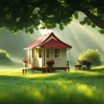 Amic view of a picturesque countryside, featuring a charming tiny house nestled amidst lush greenery