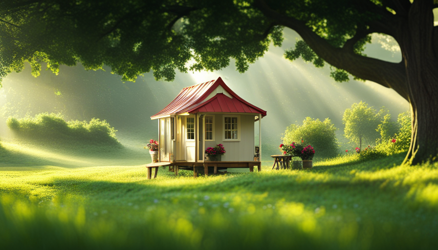 Amic view of a picturesque countryside, featuring a charming tiny house nestled amidst lush greenery