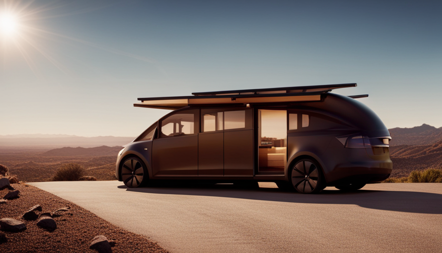 An image showcasing a modern, sleek Tesla Tiny House against a backdrop of rolling hills, with solar panels glistening on its roof, inviting readers to explore the cost and features of this innovative living solution