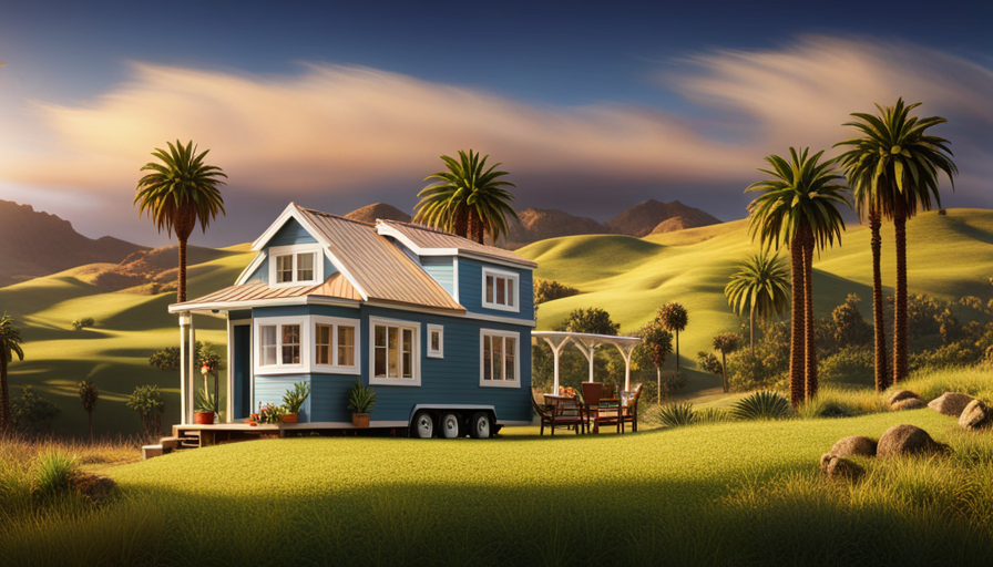 An image showcasing a picturesque California landscape with a charming, compact tiny house nestled amidst towering palm trees, showcasing its unique architecture, outdoor seating area, and vibrant garden, enticing readers to explore the cost of owning a tiny house in California