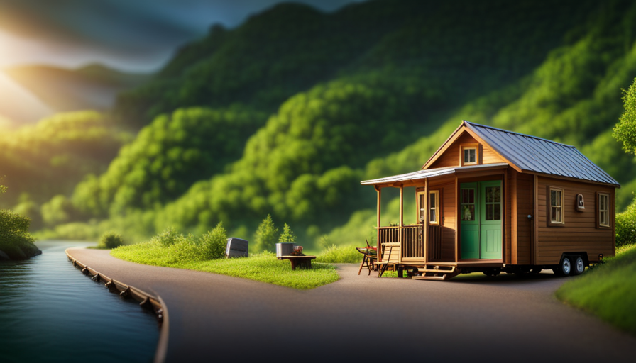 An image showcasing a picturesque landscape with a charming, expertly-crafted tiny house on wheels nestled amidst towering mountains, surrounded by lush greenery, and boasting a cozy outdoor seating area