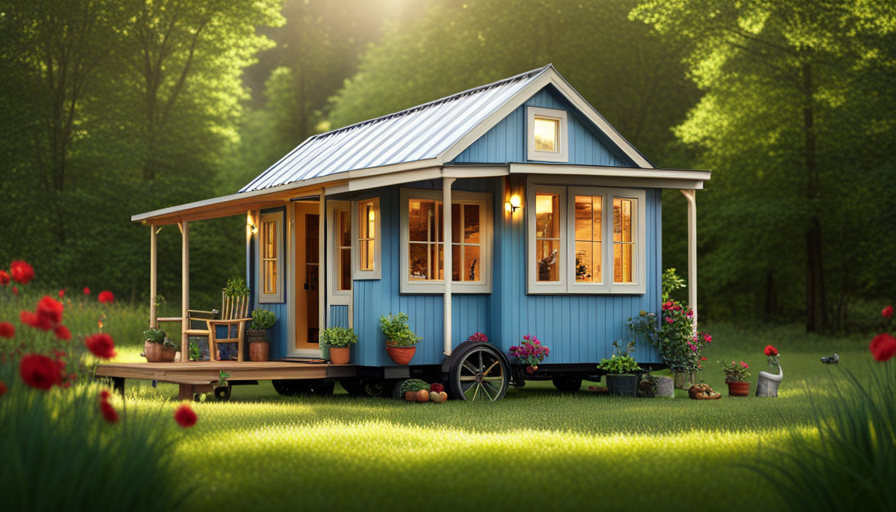 An image showcasing a rustic, minimalist tiny house perched on wheels, surrounded by lush greenery
