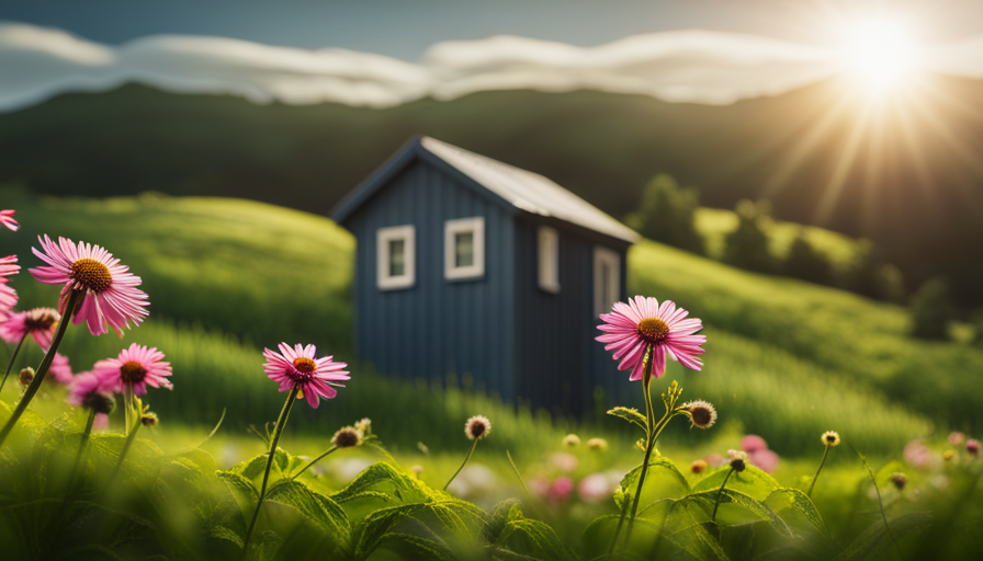 An image showcasing a cozy and compact tiny house, adorned with large windows allowing natural light to flood in, nestled amidst a picturesque landscape with rolling hills, surrounded by lush greenery and blooming wildflowers