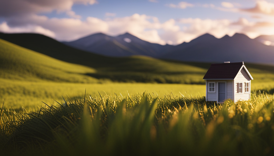 An image showcasing a picturesque landscape with a small, minimalist dwelling in the foreground