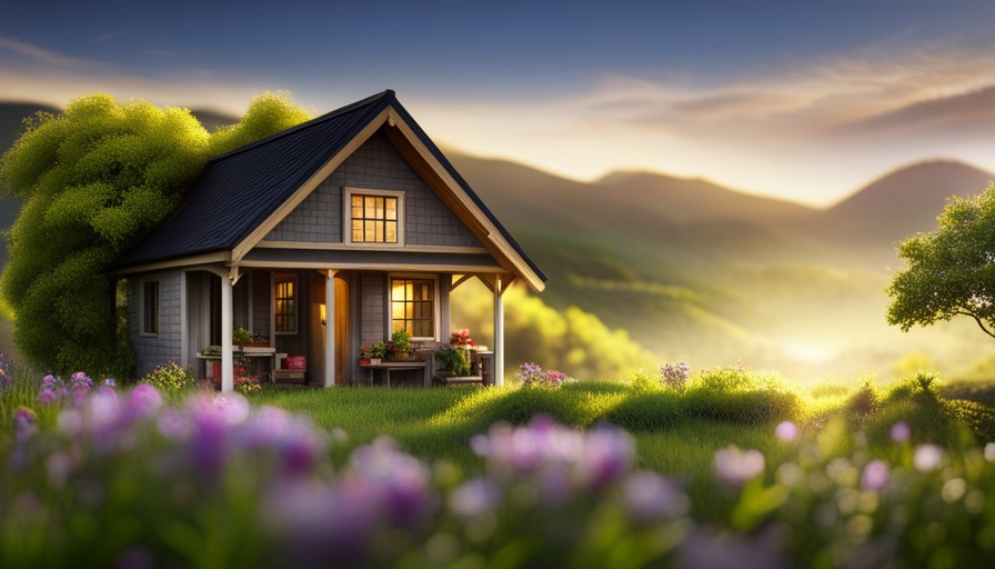 An image showcasing a quaint, cozy tiny house nestled amidst a picturesque landscape