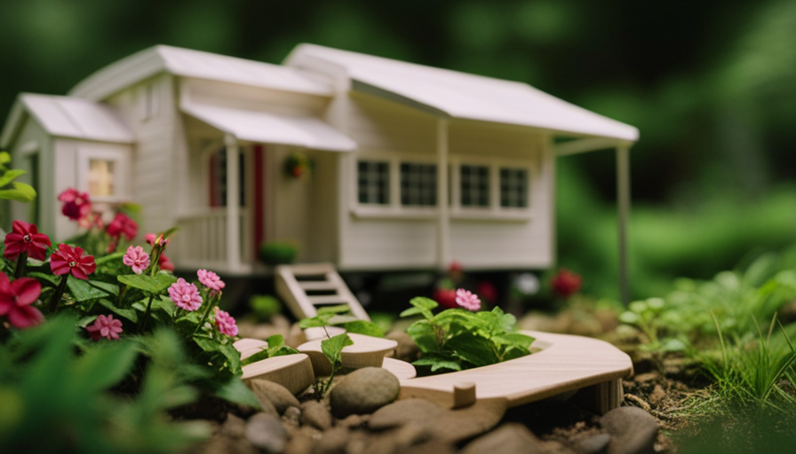 An image showcasing an intricately designed tiny house, nestled among lush greenery